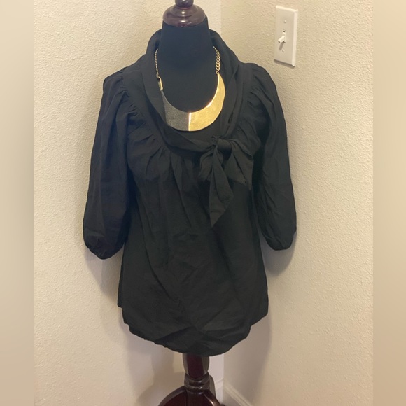 BCBG Max Azria Black Tie Neck Blouse Top Puff Sleeve Shawl Collar M - Picture 1 of 6
